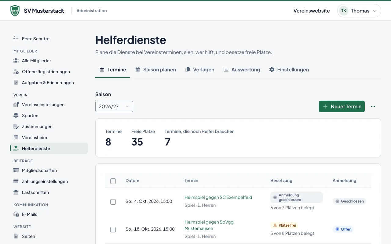 Helferdienste im Adminbereich: die Termine der Saison mit belegten und freien Plätzen