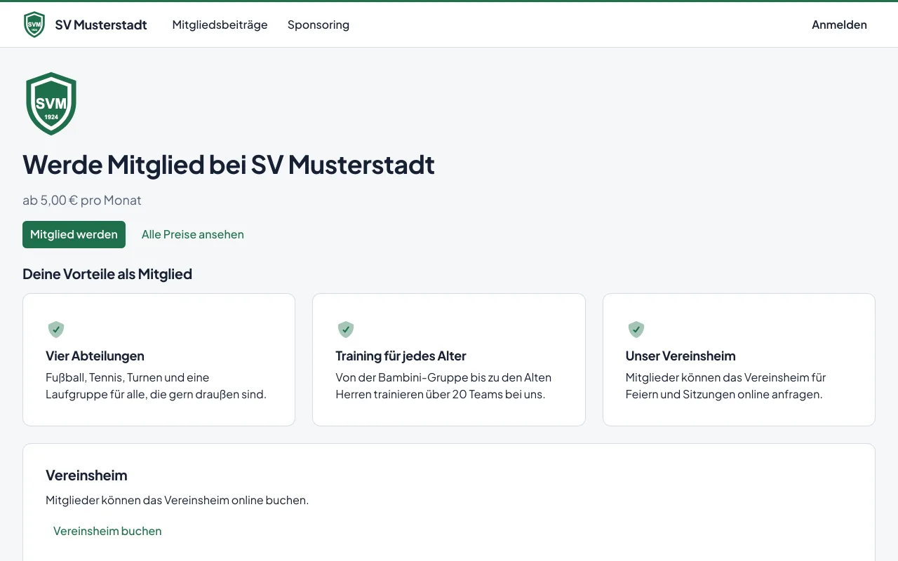 Die Startseite des Demovereins mit Logo, Monatsbeitrag, Vorteilen und einem Knopf zum Beitreten