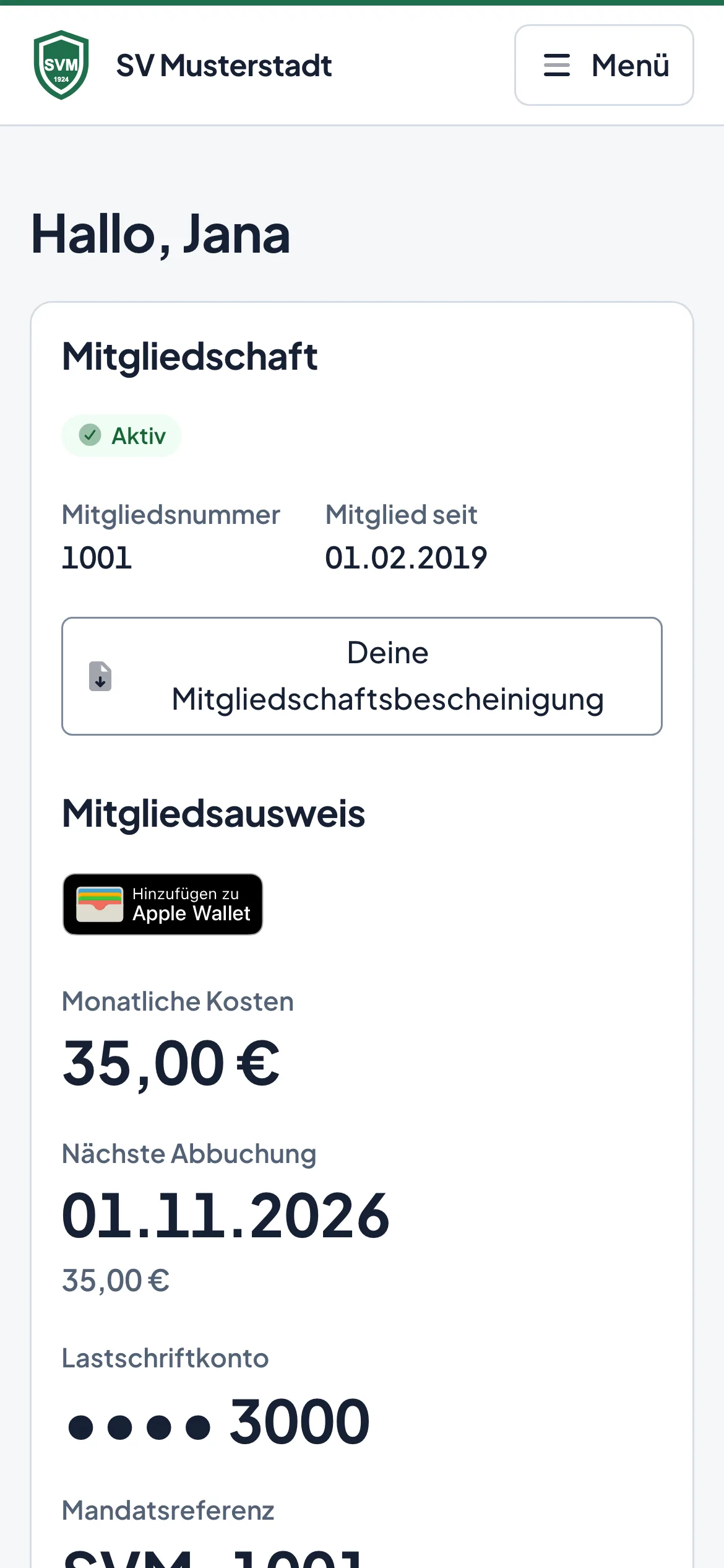 Die Übersicht im Mitgliederbereich auf dem Handy
