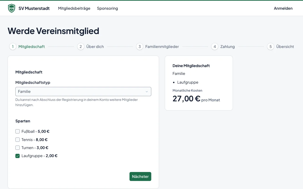 Der erste Schritt des Mitgliedsantrags: Mitgliedsart und Abteilungen wählen, daneben der Monatsbeitrag